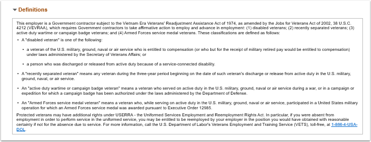 Image of definitions listed for veteran status