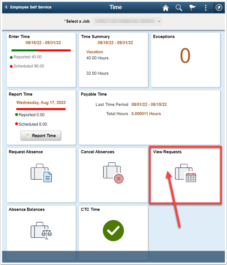 Employee Self Service interface with red arrow pointing to View Request tile