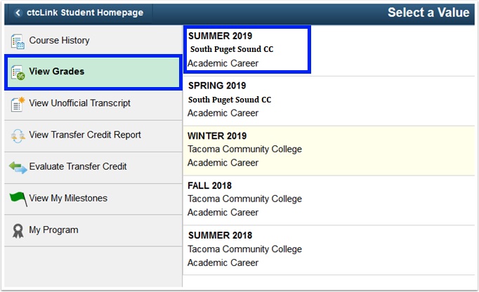 View Grades button is second from the top on the left, below "Course History". The terms and colleges are listed in the second column.