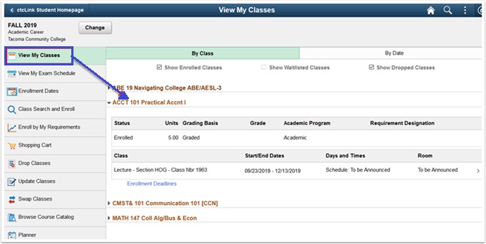 At the top left, click on View my Classes.  This box displays all your classes with start and end dates and rooms if applicable.