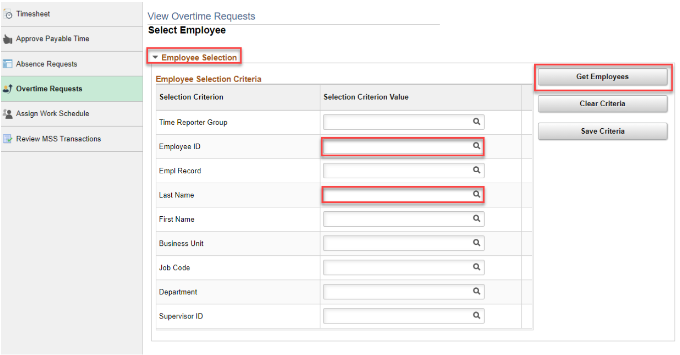 Image of options circled on View Overtime Request page