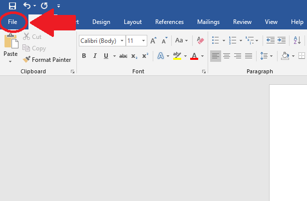 A cropped image showing the Microsoft Word top ribbon with the "File" selection circled in red with red arrow pointing to circle