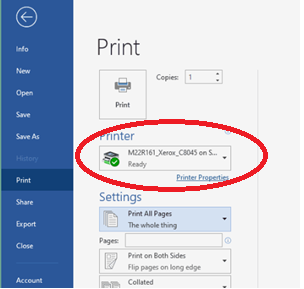 An image of the Microsoft Word print options screen with the printer selection drop down menu circled in red