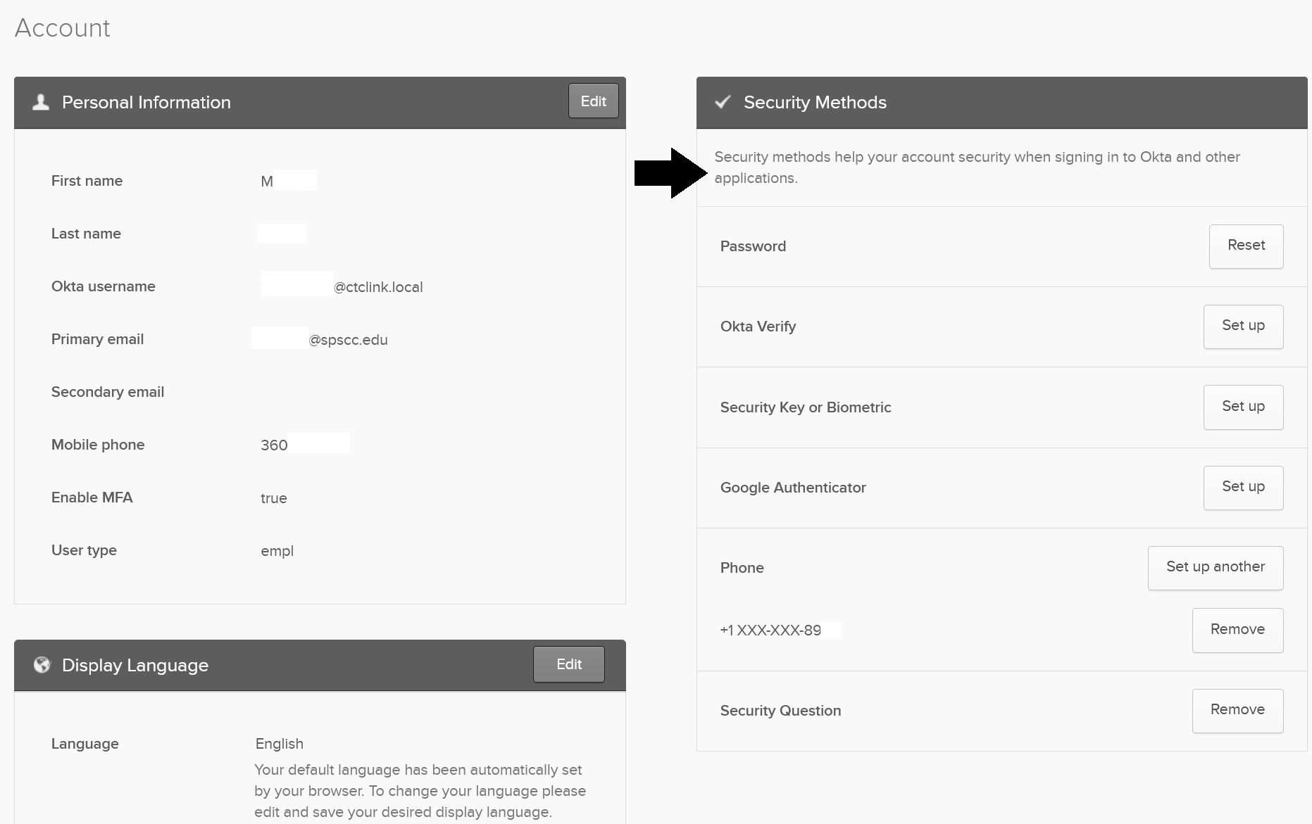 Account page with arrow pointing to the Security Methods section