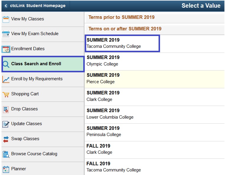 Manage Classes - Class Search and Enroll, choose your term and institution.