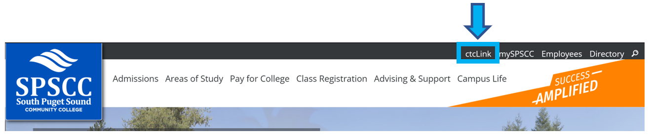 SPSCC homepage with arrow pointing to ctcLink tab