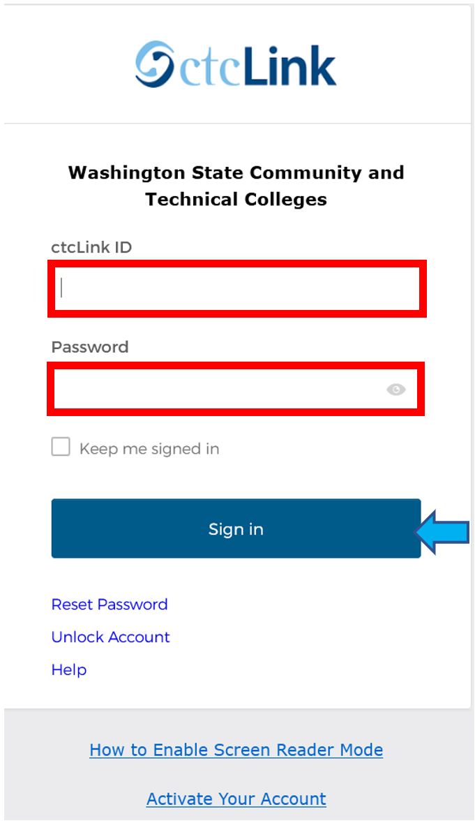 ctcLink sign in page with ctclink ID text box, Password text box and sign in button