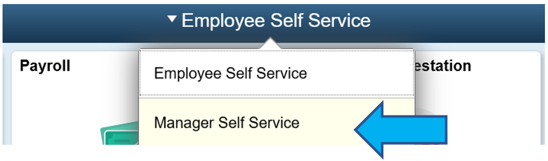 Screenshot of the homepage dropdown menu with arrow pointing to Manager Self Service