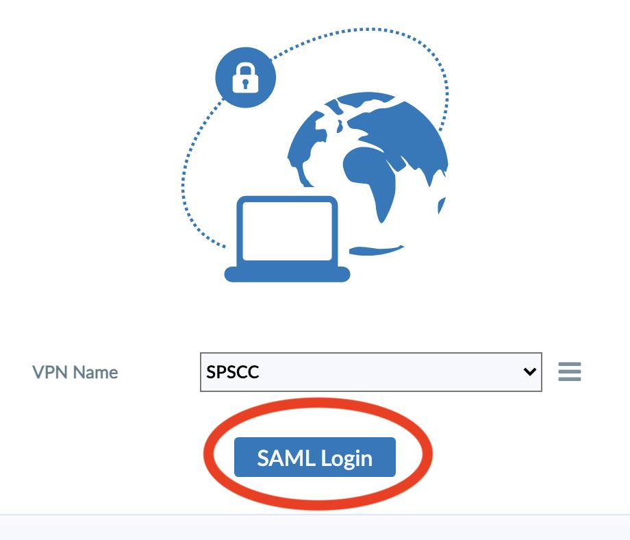 Image of the FortiClient window, with the VPN Name field set to "SPSCC", and the "SAML Login" button circled.
