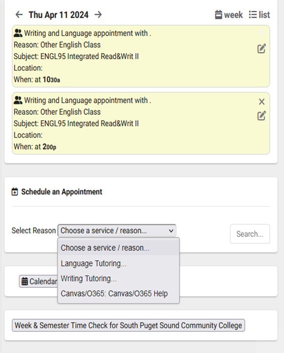 The Trac Cloud homepage with the Schedule an Appointment dropdown menu open to Select Reason