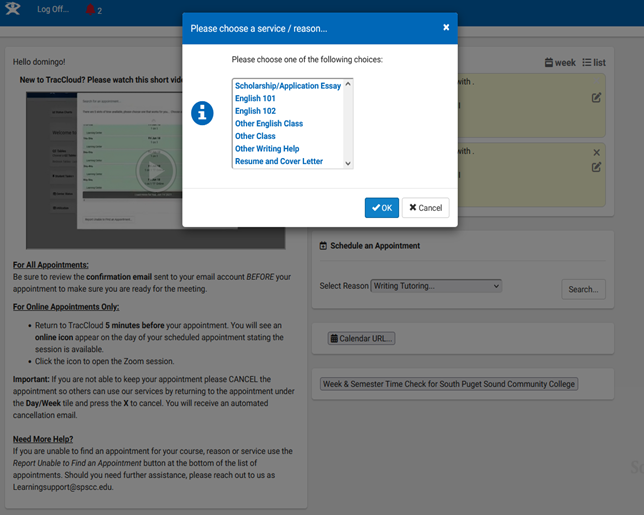 A dropdown list that asks the user to choose a service or reason