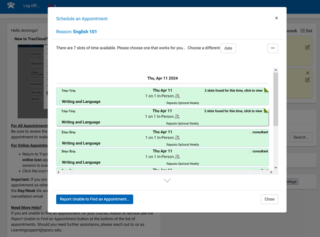 A list of available times in Trac Cloud