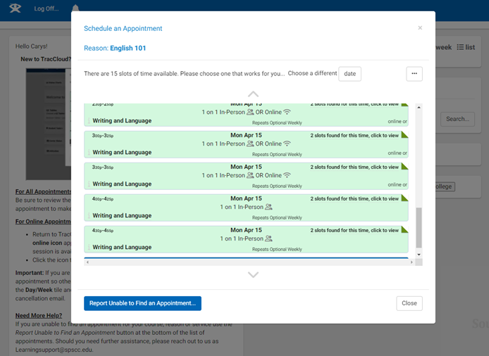 A list of available times in Trac Cloud