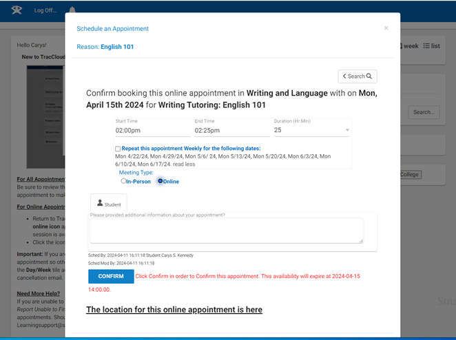 A radio button indicating if an appointment is in-person or online