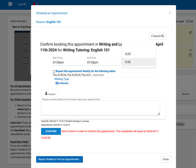 A dropdown menu with different choices for appointment length