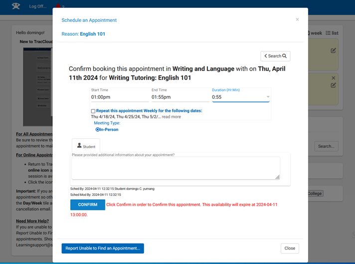 An appointment that has been correctly set up and ready to confirm