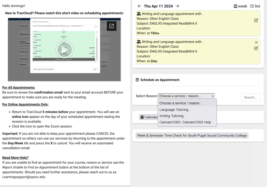 Homepage of Trac Cloud with the Schedule an Appointment dropdown menu open