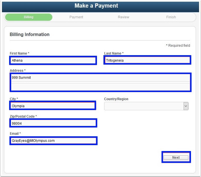 Complete all fields.  First name, last name, address, city, zip code, and email.