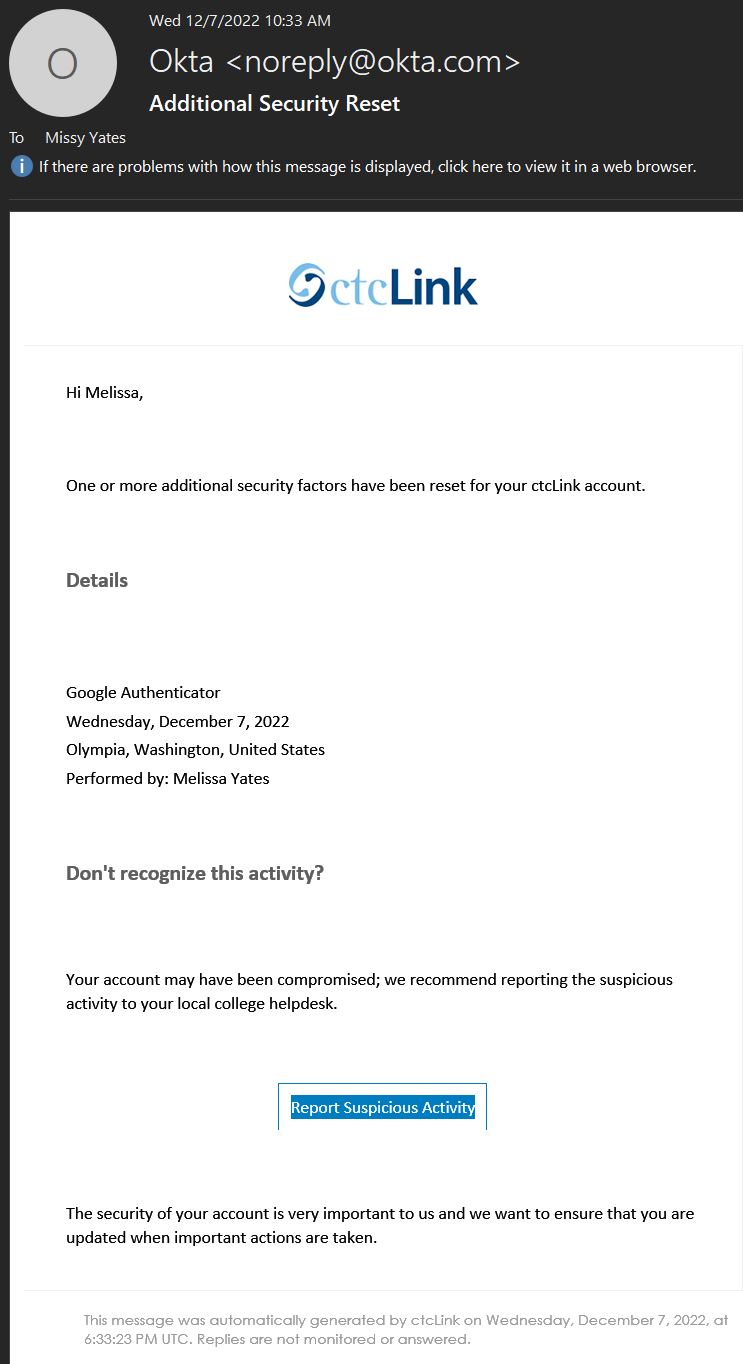 Automated email from Okta with details regarding changes to security factors