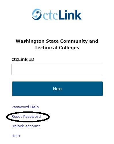 ctcLink login with "reset Password" circled.