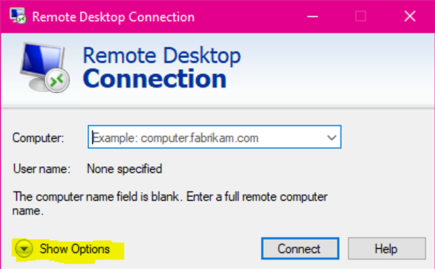 Remote Desktop Connection window with "Show Options" highlighted