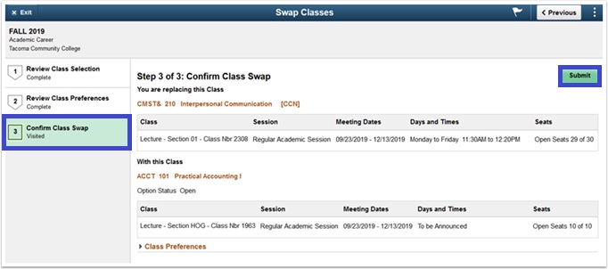 confirm class swap is highlight on the left. Submit is on the top right.