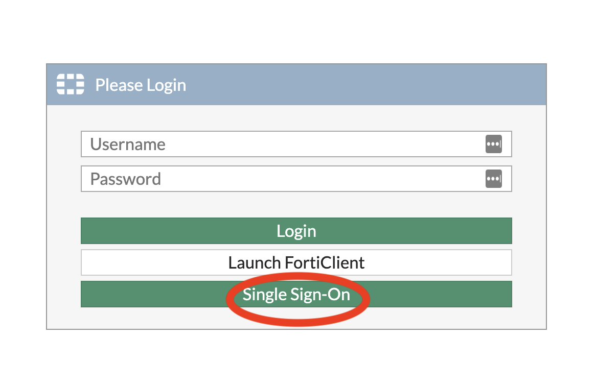 Image shows the vpn login screen, with "Single Sign-On" circled.