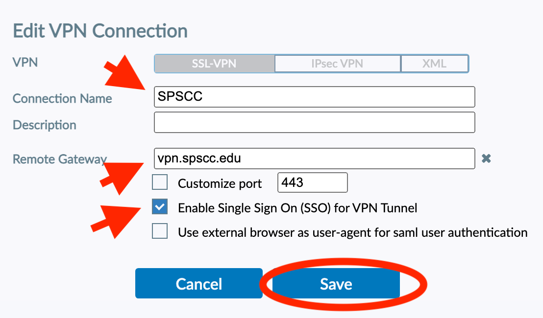 Image of the "New VPN Connection Screen", with the various settings detailed below highlighted.